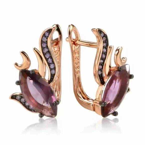 Unique Rose Gold 585RG Purple Natural Gem Zircon Fish Design Earrings - Picture 6 of 9